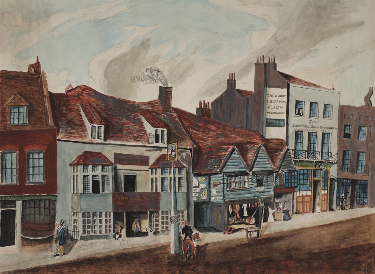 Utsikt over Newington Butts, Southwark som viser George Tavern og butikkfronter, ca. 1825 (wc på papir) av English School