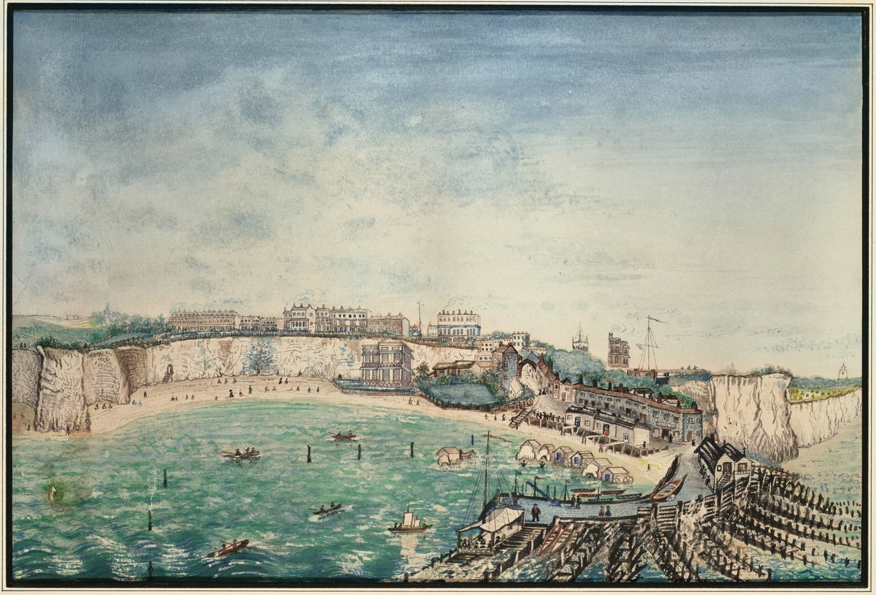 Utsikt over stranden og havnen i Broadstairs, Kent, ca. 1830 (wc på papir) av English School