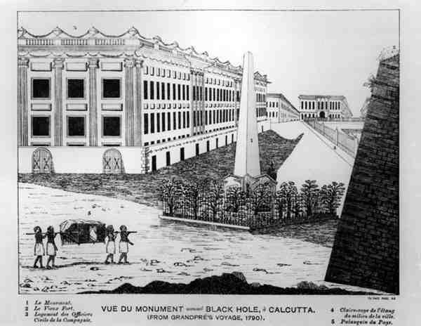 Utsikt over Black Hole of Calcutta-monumentet, fra Grandpres Voyage, 1790 av English School