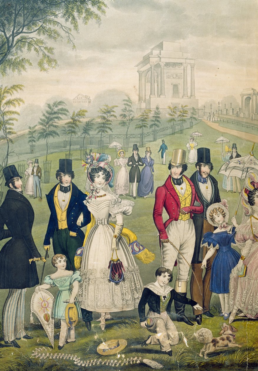 Utsikt over Green Park, London, som viser tidens moter, detalj på venstre side, ca. 1830 (se også 122099) av English School