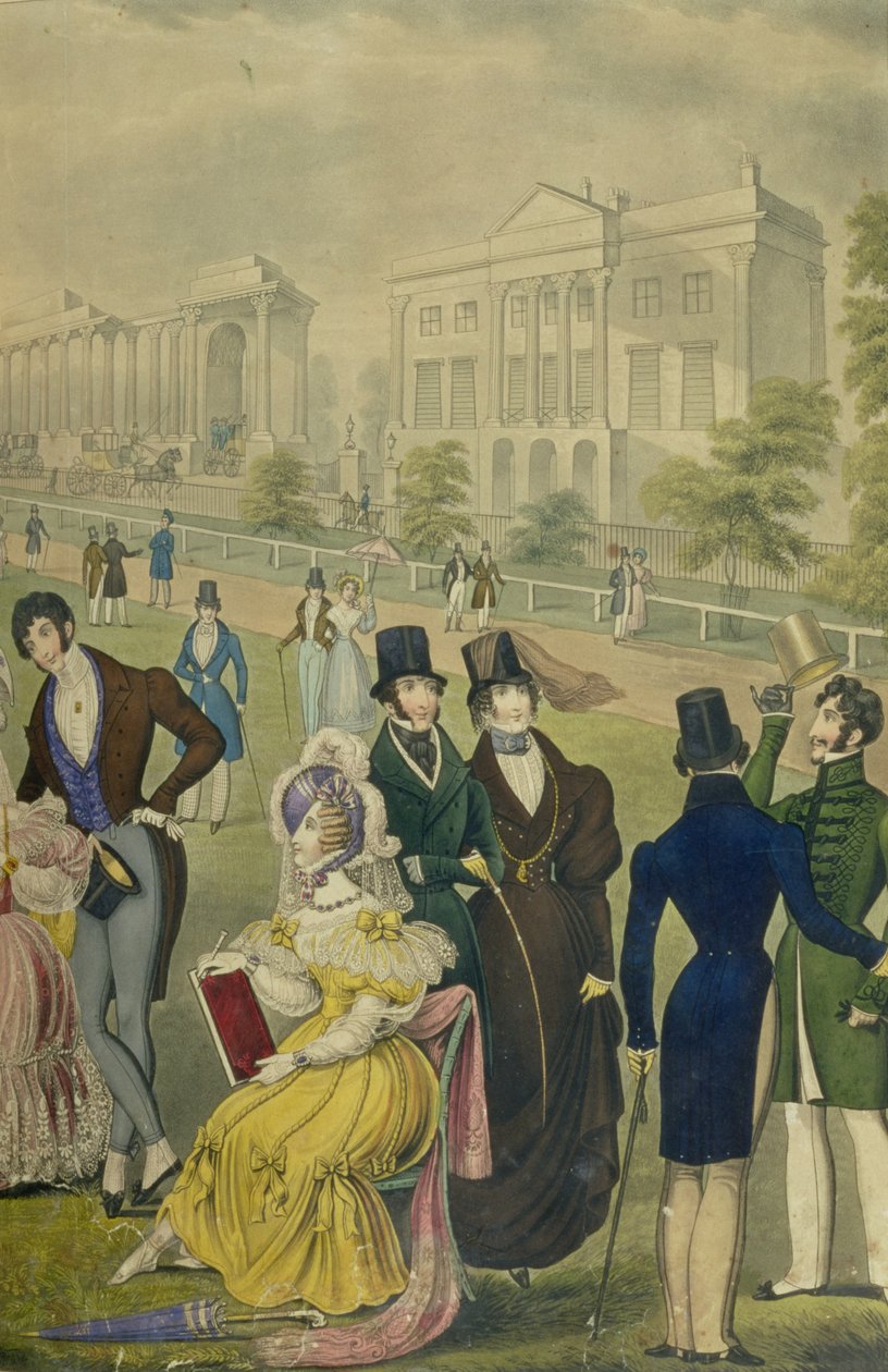 Utsikt over Green Park, London, som viser tidens moter, detalj på høyre side, ca. 1830 (se også 122098) av English School