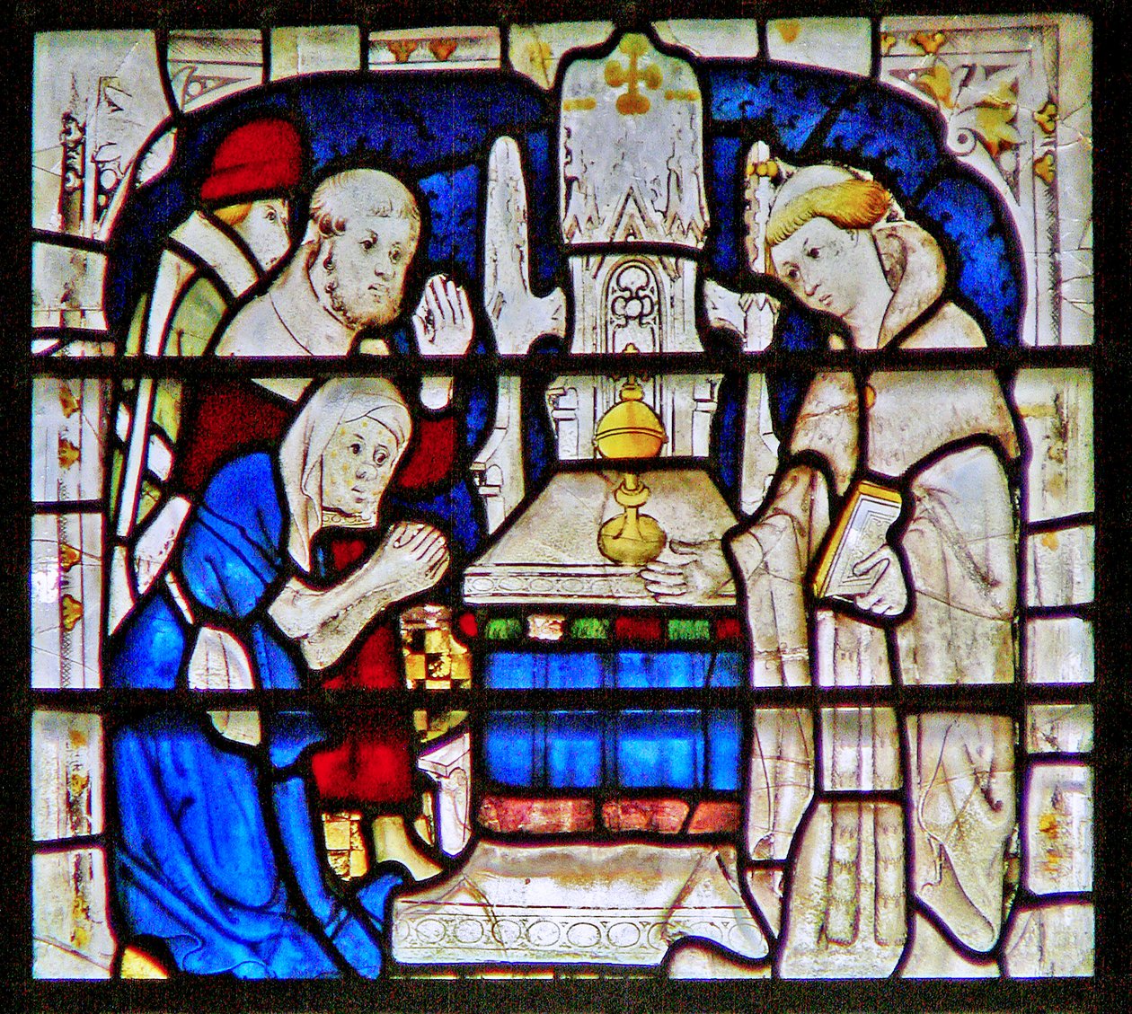 Vindu som viser en spedalsk kvinne som ber ved helligdommen til St. William Wellcome, York Minster av English School