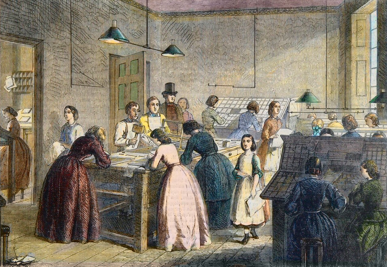 Kvinnelige komponister ved trykkeriet til Victoria Press, Great Coram Street, London, i 1860. av English School