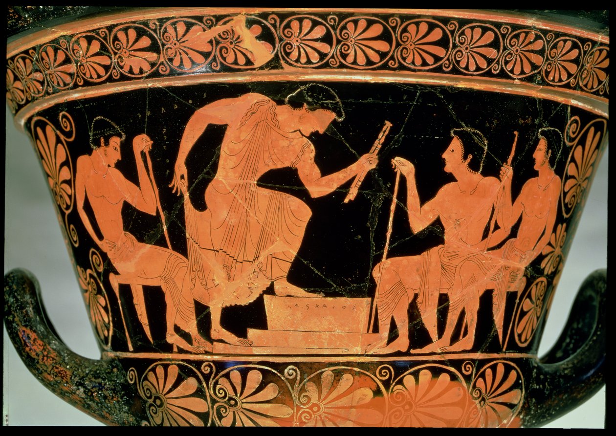 En musikalsk konkurranse, detalj fra en attisk rød-figur calyx-krater, fra Cervetri, Italia, ca. 510 f.Kr. (keramikk) (revers av 92569) av Euphronios