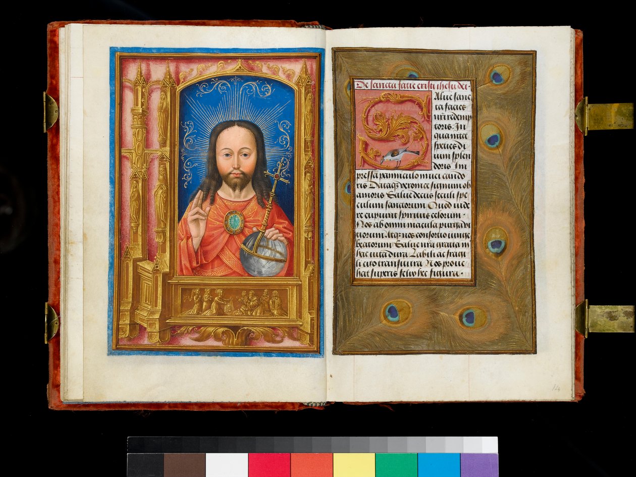 Ms 1058-1975 f.13v-14 Kristus i Majestet over et predella-panel som viser St. Veronica som viser sudarium til seks tilbedere, kant av påfuglfjær, ca. 1500 av Flemish School