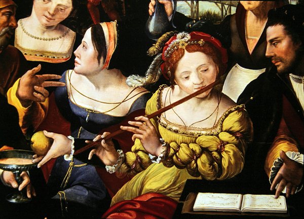 Scene Galante ved portene til Paris, detalj av en fløytespiller (detalj av 216104) av Flemish School