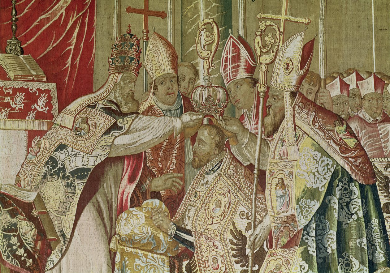 The Coronation of Charles V (1500-58) fra The Tapestry of Charles Quint, ca. 1630-40 (detalj av 167804) av Flemish School