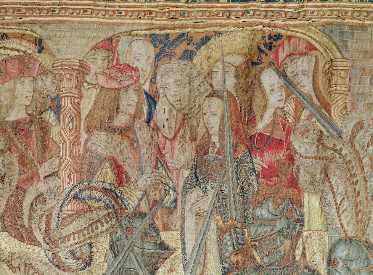 Turneringen, vertikalt vevteppe fra verkstedet i Brussel, detalj av tribunen med Charles VII (1470-98) og Anne av Bretagne (1477-1514) ca. 1497 (se også 156549) av Flemish School