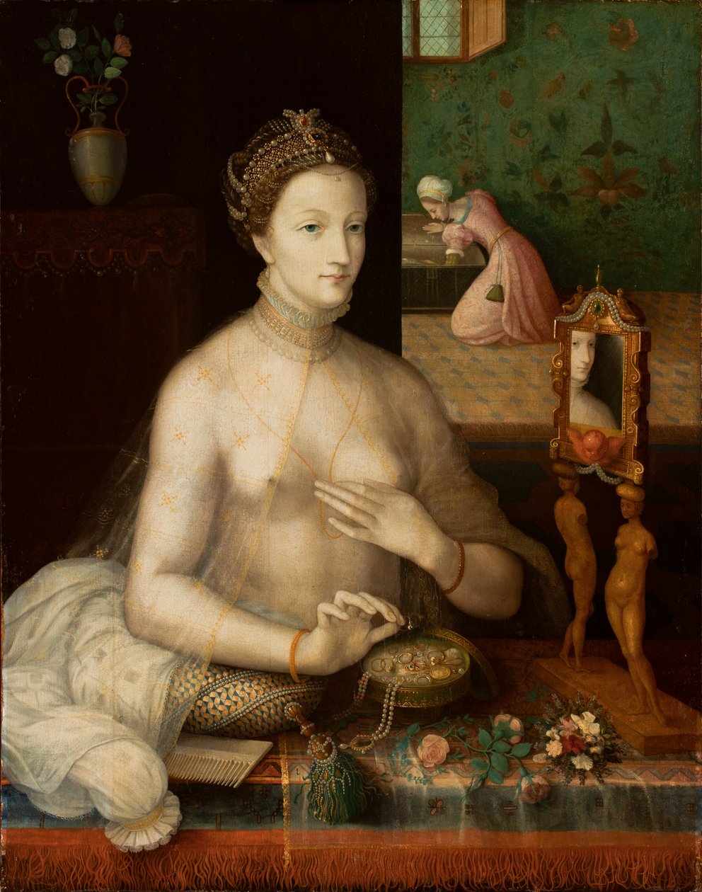 Kvinne ved toalettet hennes, ca. 1550-70 av Fontainebleau School