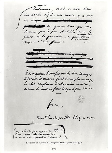... som natten er når dagen går. (finne), faksimile av siste side av manuskriptet Les Miserables av Victor Hugo (1802-85) 30. juni 1862 (penn og blekk på papir) av French School