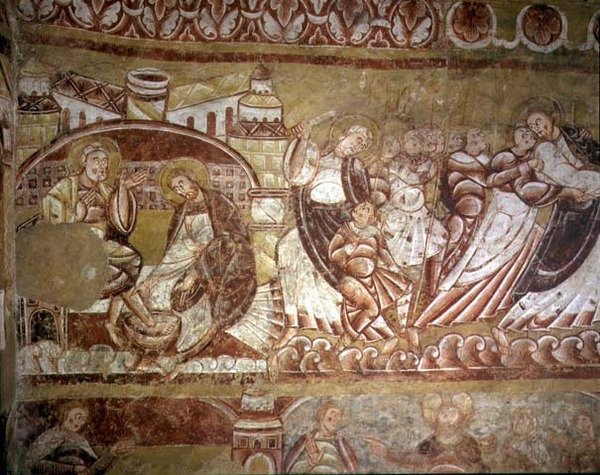 (Lto R) Kristus vasker Peters føtter, Judas kysser Kristus (for detaljer se 95751) av French School