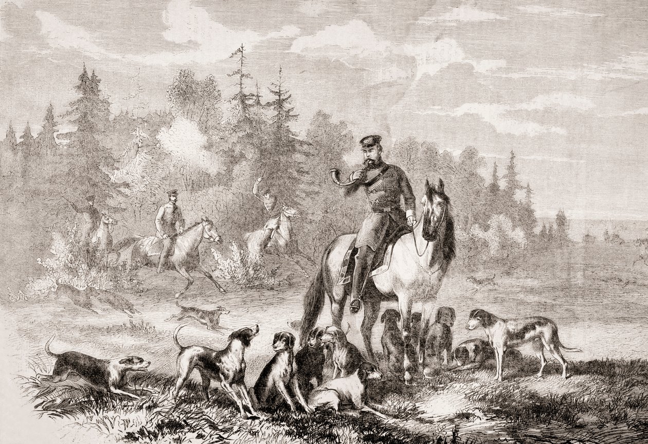 Alexander II jakter på ulv nær St. Petersburg, fra LUnivers Illustré, 1866 av French School