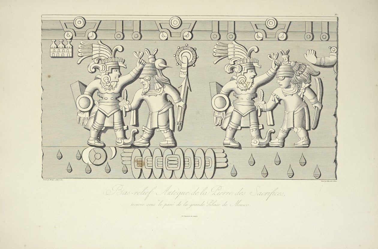 Aztec Stone Relief of Sacrifices, illustrasjon fra Views of the Cordilleras and Monuments of the Native Peoples of America av Alexander von Humboldt og Aime Bonpland, 1813 av French School