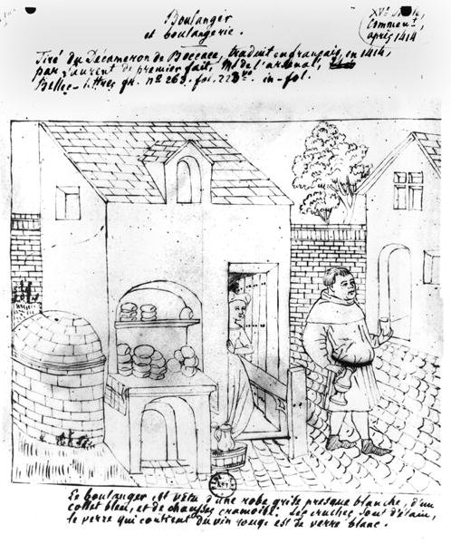 Baker and Bakery, tegnet etter en original belysning for en fransk oversettelse av Decameron av Boccaccio (1313-75) laget i 1414 (penn og blekk på papir) av French School