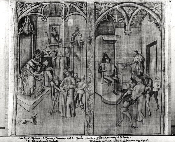 Kristus før Herodes, Kristus før Pilatus, ett av fire sett for en fremføring av lidenskapens mysterium, fra Hotel-Dieu, Reims av French School
