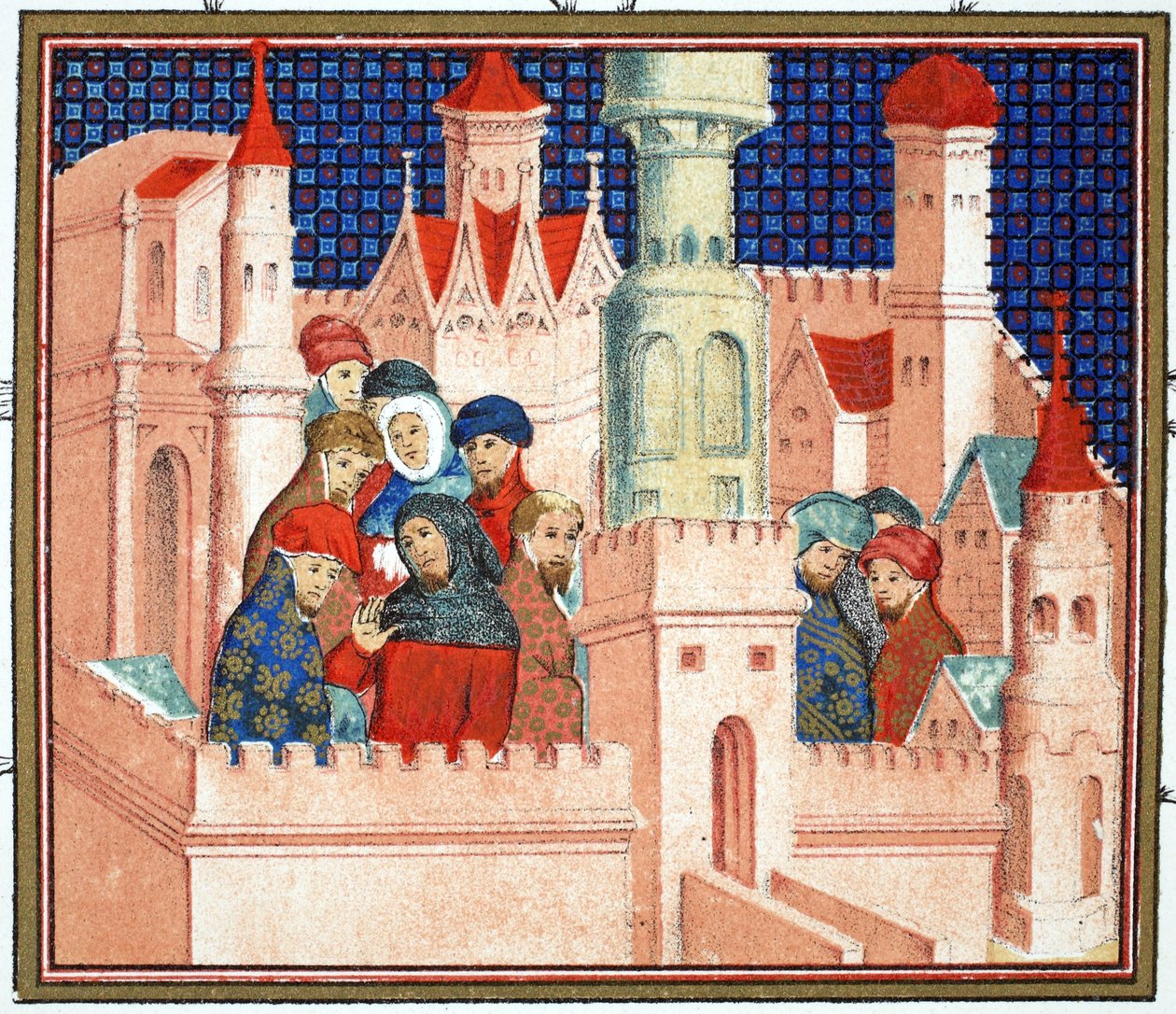 Konsultasjon mellom Richard II og hans adelige på Conway Castle, faksimilekopi fra Le Prinse et Mort du Roy Richart av Jean Creton, gjengitt 1800-tallet av French School