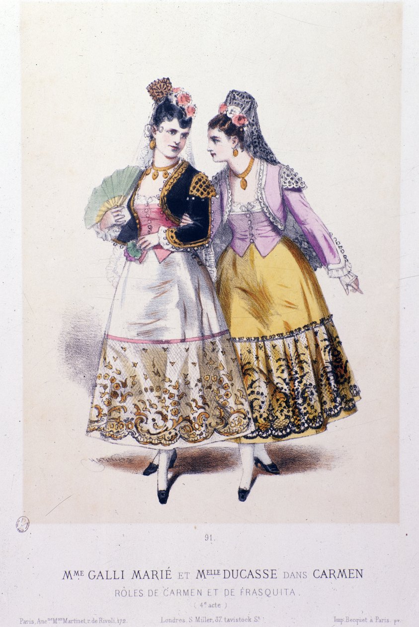 Kostymer til Marie Galli (Carmen) og frøken Ducasse (Frasquita) som opptrer i Carmen av Georges Bizet av French School