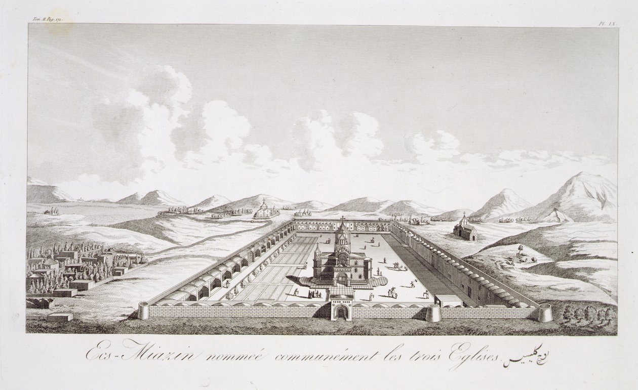 Echsmiazin, kjent som de tre kirkene, fra Voyages du Chevalier Chardin en Perse, et en autres Lieux d'Orient, av Jean Chardin (1643-1713), utgitt 1811 av French School