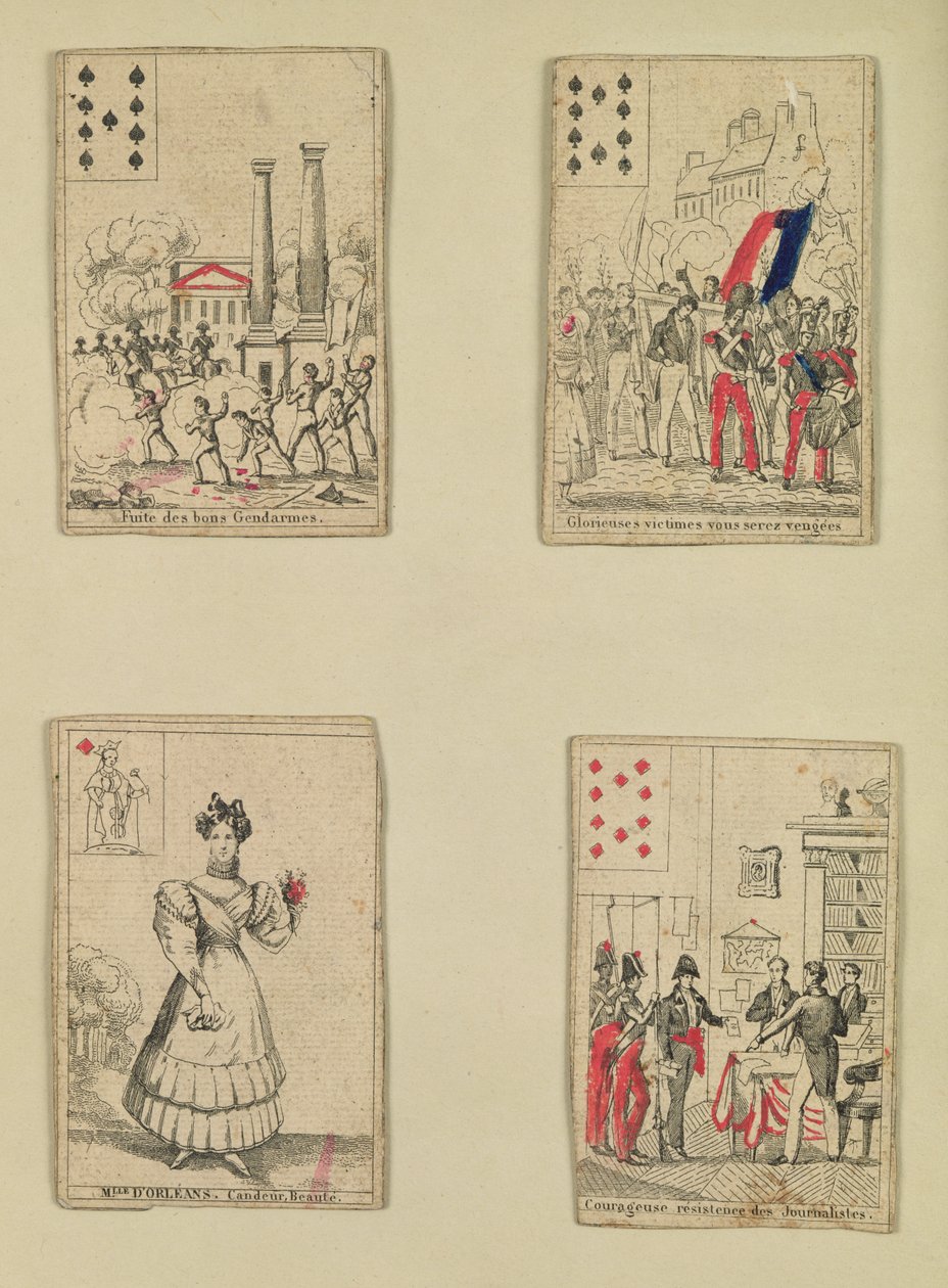 Fire spillkort til minne om heltene fra juli 1830, 1831 av French School