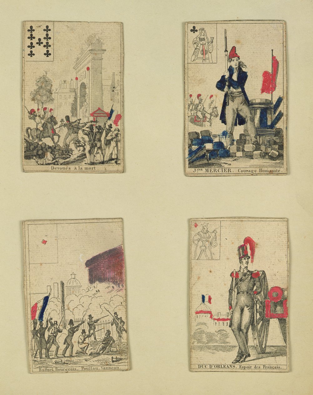 Fire spillkort til minne om heltene fra juli 1830, 1831 av French School