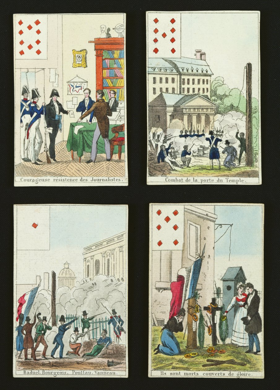 Fire spillkort til minne om heltene fra juli 1830, 1831 av French School
