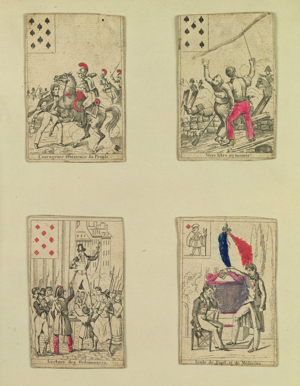 Fire spillkort til minne om heltene fra juli 1830, 1831 av French School