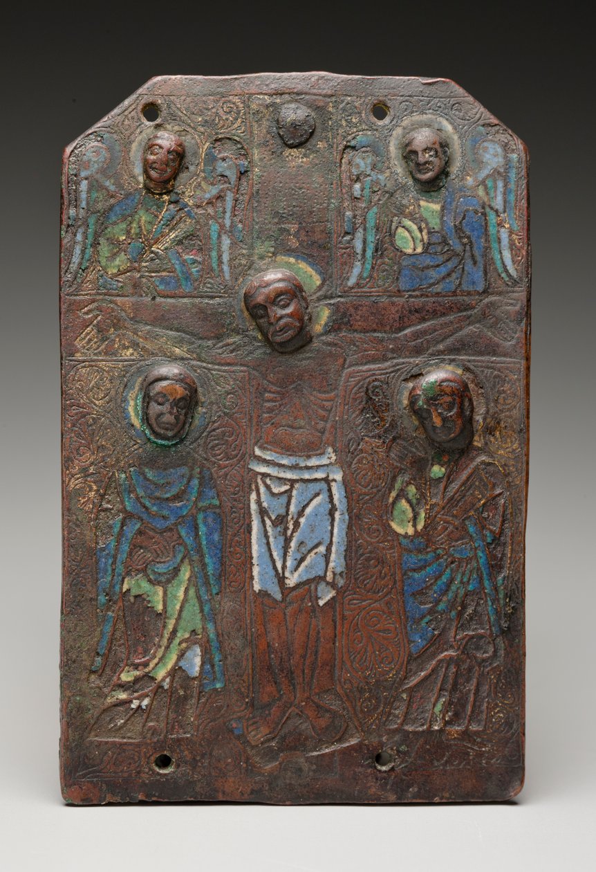 Fragment av en plakett fra et relikvieskrin som viser korsfestelsen, 11751200 (champleve-emalje på kobber med spor av forgylt) av French School