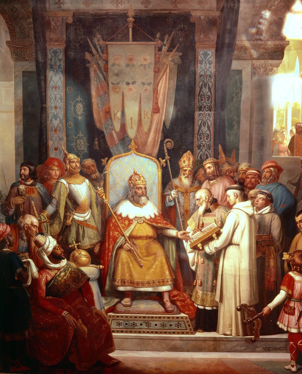 Den franske kongen Charlemagne med Alcuin av French School