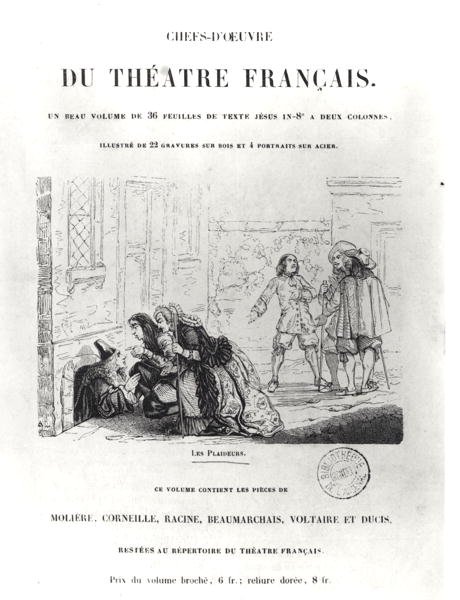 Frontispice for Chefs dOeuvre du Theatre Francais med en illustrasjon for The Litigants av Jean Racine (1639-99) av French School