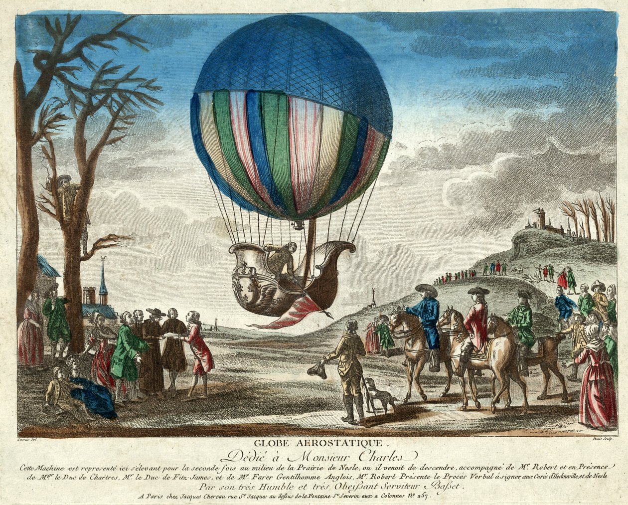 Aerostatic Globe, dedikert til Monsieur Charles, pub. 1783 (håndfarget gravering) av French School