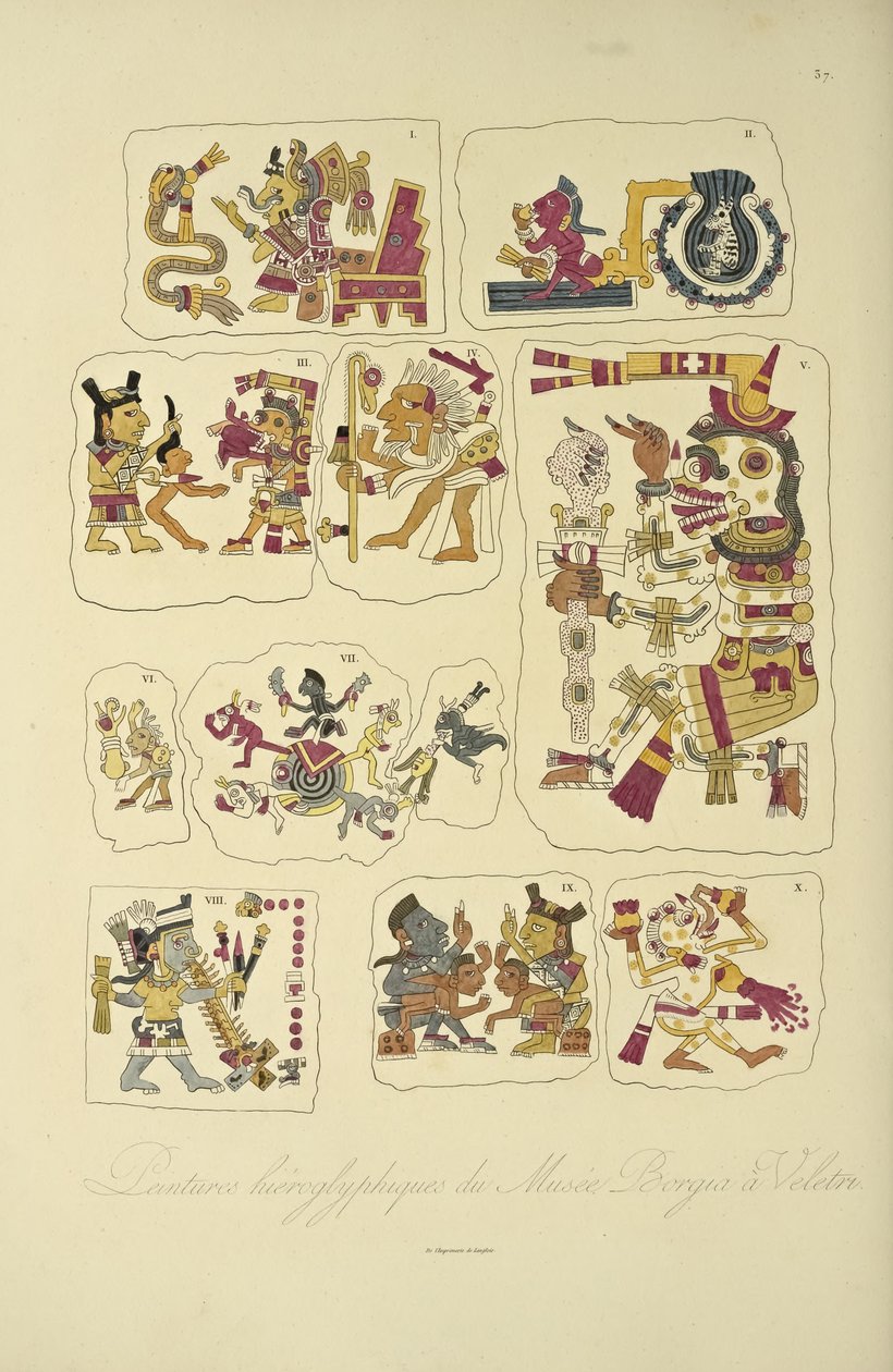 Hieroglyfiske malerier fra Borgia-museet, Veletri, illustrasjon fra Views of the Cordilleras and Monuments of the Indigenous Peoples of America av Alexander von Humboldt og Aime Bonpland, 1813 (hånd-co. av French School