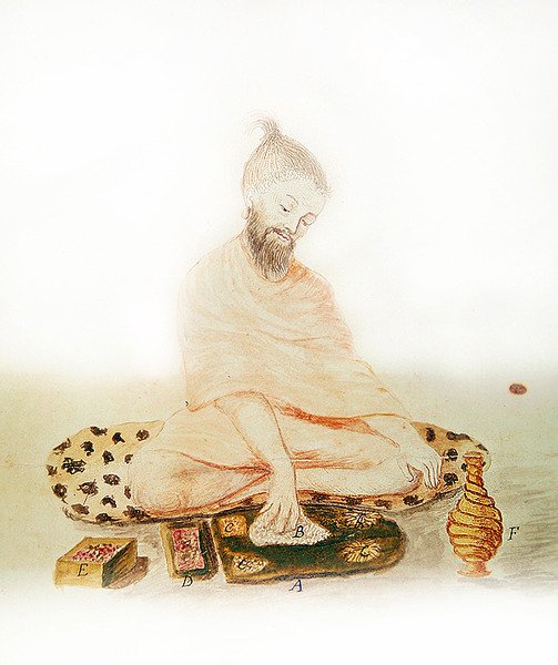 Indian Missionary Eating, 1688 (fargegravering) av French School