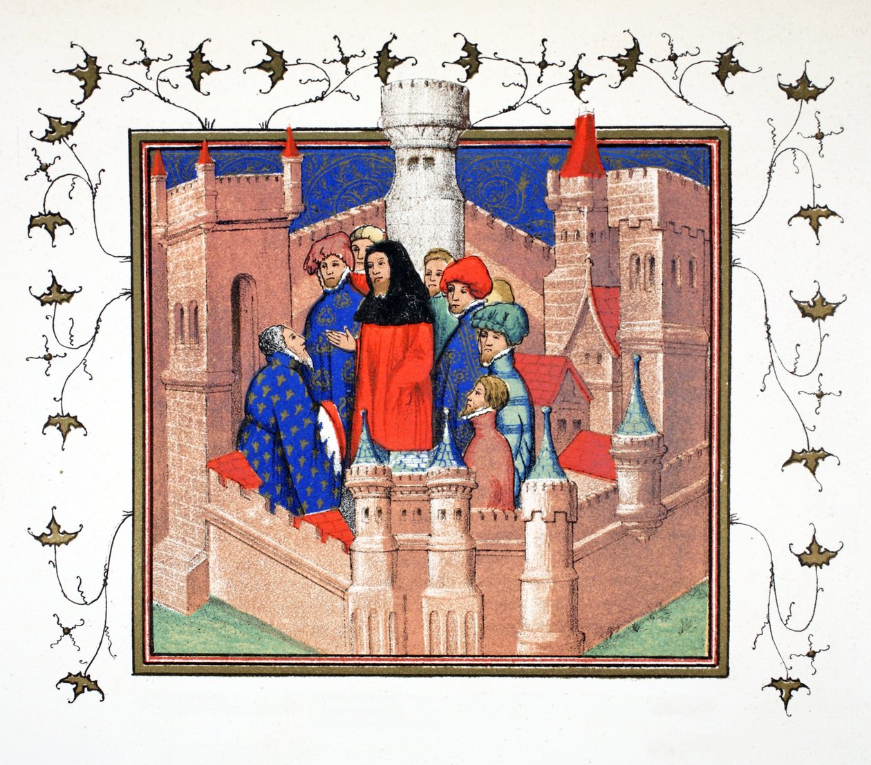 Interiør av Conway Castle og jarlen av Northumberland som leverer sin falske melding til Richard II, faksimilekopi fra Le Prinse et Mort du Roy Richart av Jean Creton, gjengitt 1800-tallet (farge) av French School