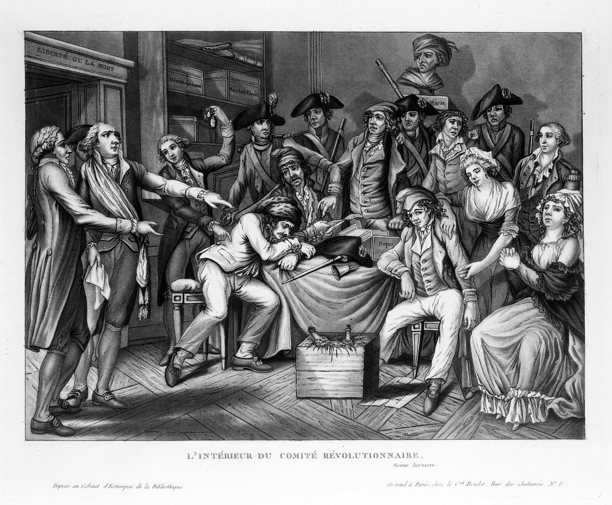 Interiør i Revolutionary Commity, pub. 1794 av French School