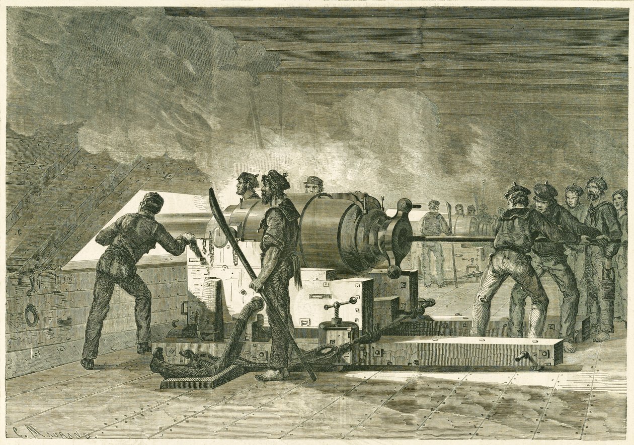 Interiør av Merrimacs batteri, under kampen med Monitor, publisert 1862-1865 (tregravering) av French School