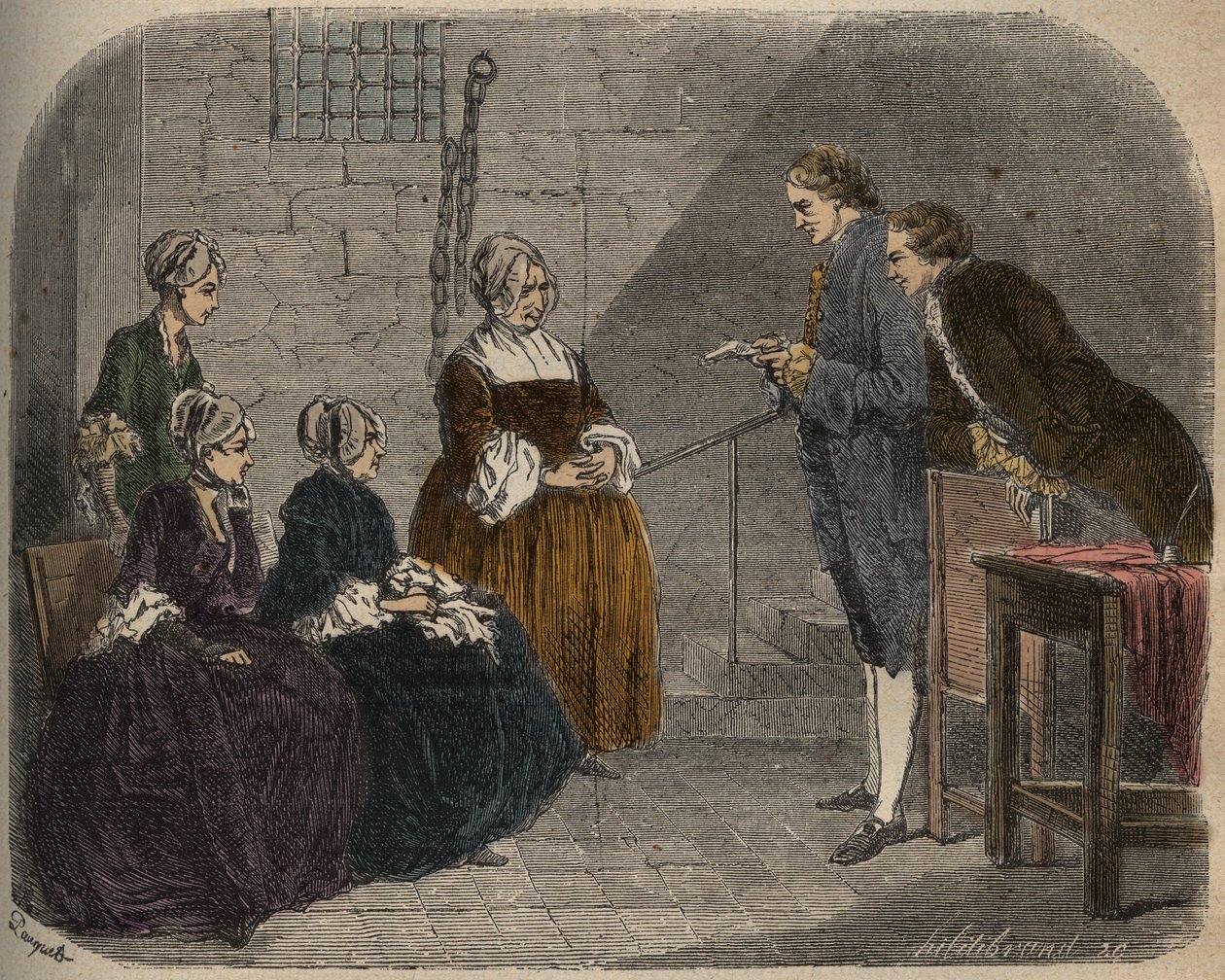 Madam Calas, med sine to døtre, lytter til dommen fra rettssaken mot mannen hennes, Jean, illustrasjon fra Causes celebres de tous les peuples, av Armand Fouquier, 1858-67 av French School