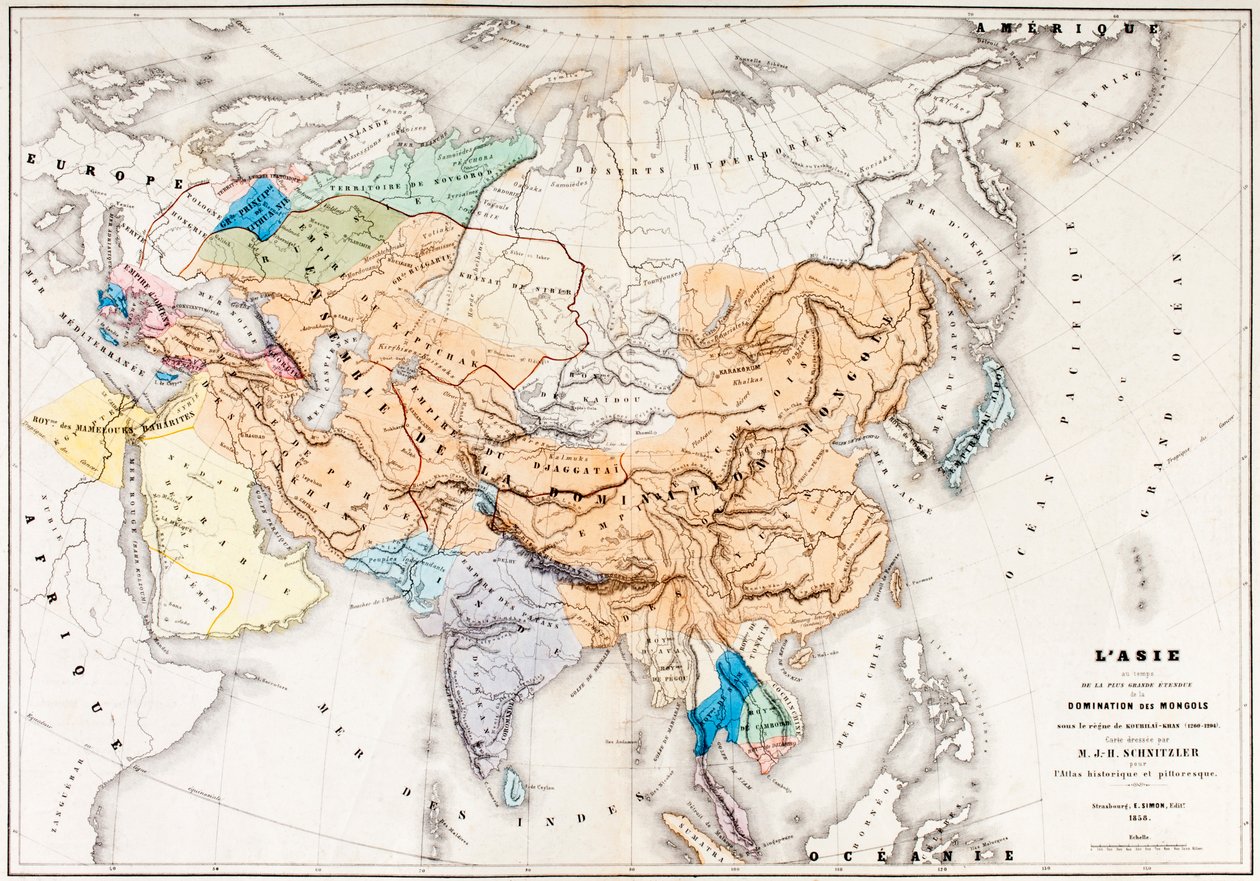 Kart over Asia på tidspunktet for den største utstrekningen av dominansen til mongolene under Kublai Khans regjeringstid, fra LHistoire Universelle Ancienne et Moderne, utgitt i Strasbourg ca. 1860 (farget en av French School