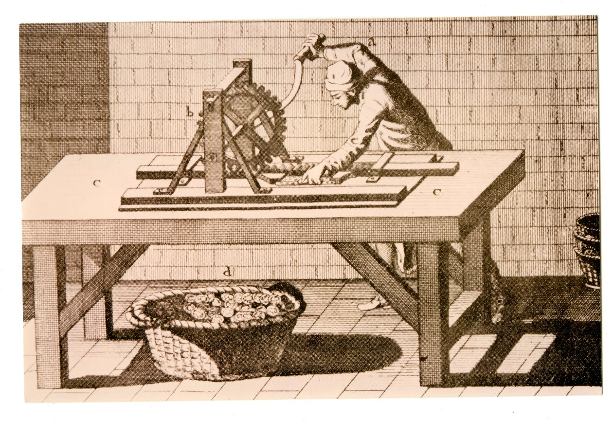 Merking av kanten på mynter med en kantmarkeringsmaskin med parallellstav, fra Encyclopédie av Denis Diderot og Jean le Rond dAlembert, 1771 av French School