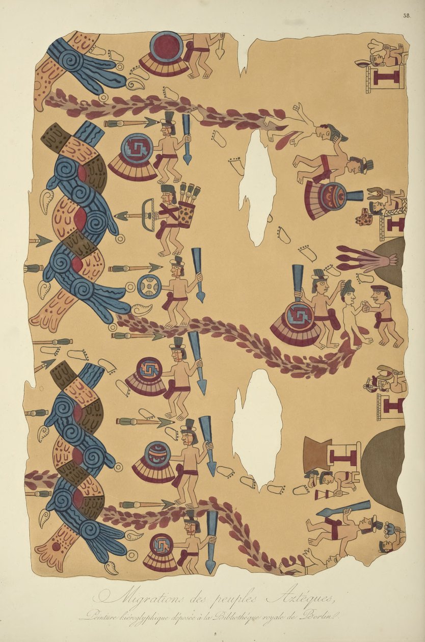 Migration of the Aztec Peoples, hieroglyfisk maleri bevart ved Royal Library, Berlin, illustrasjon fra Views of the Cordilleras and Monuments of the Urbefolkningen i Amerika av Alexander von Hum av French School