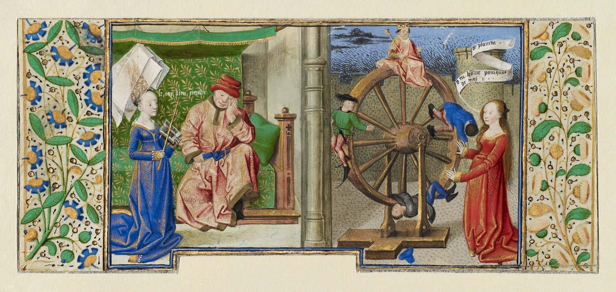 Miniatyr fra Boethius, Consolation de philosophie, ca. 1460-70 (tempera, bladgull og blekk på pergament) av French School