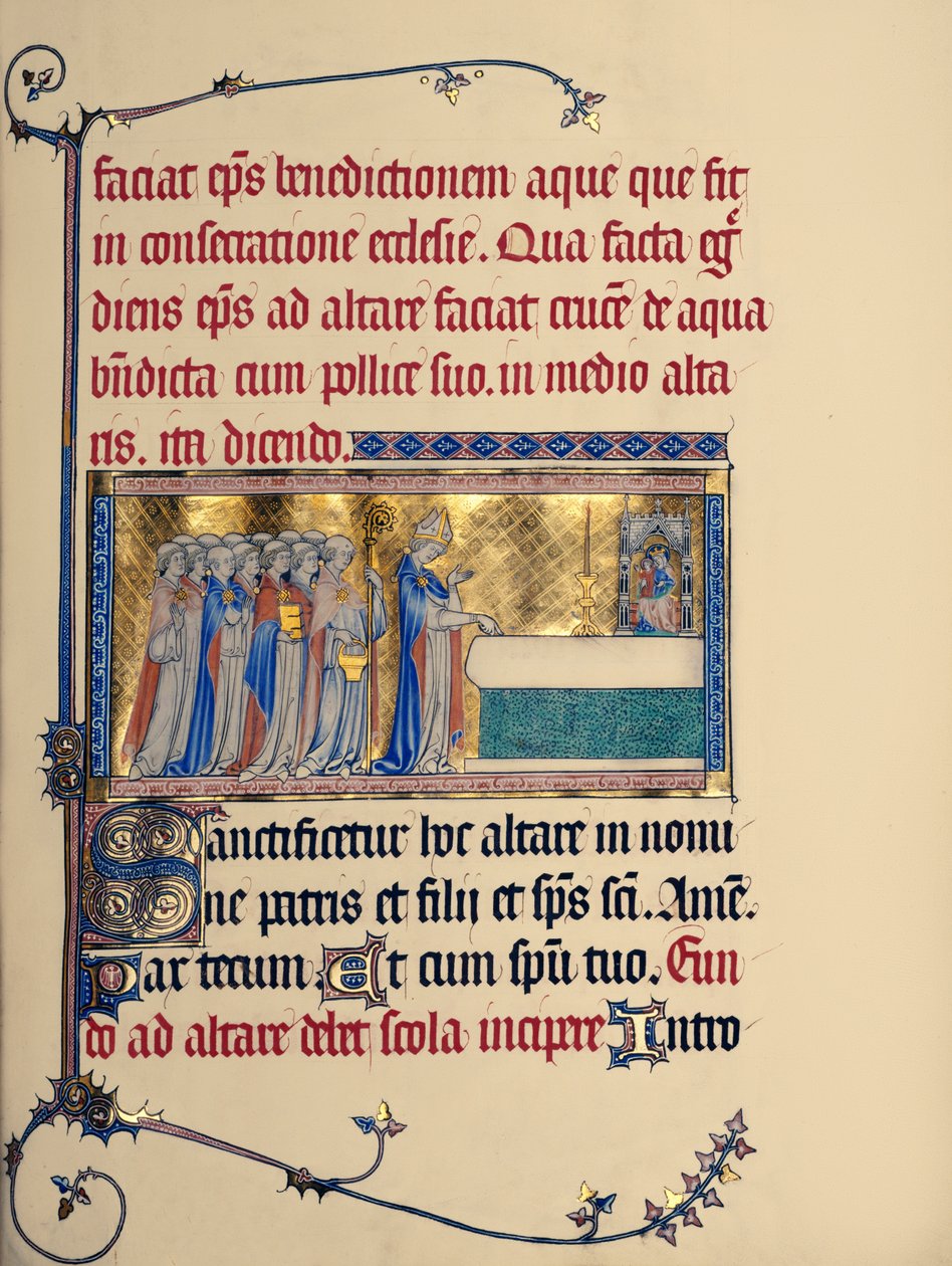 Ms 298 f.30r Dedication of a Church, fra Metz Pontifical, ca. 1302-16 (bladgull og tempera på pergament) av French School