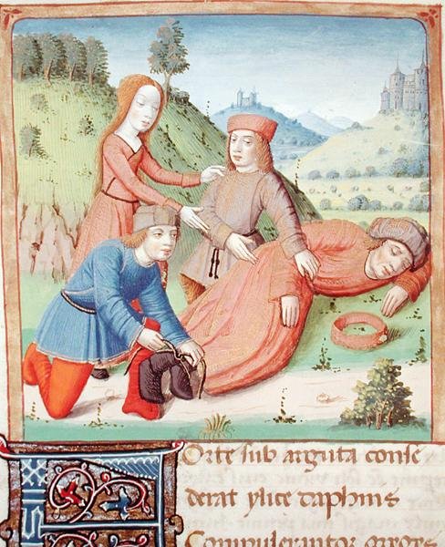 Ms 493 f.12v Den sovende Silenus er bundet opp av hyrdene og Aegle, fra The Eclogues av Virgil med en kommentar av Servius, 1469 av French School