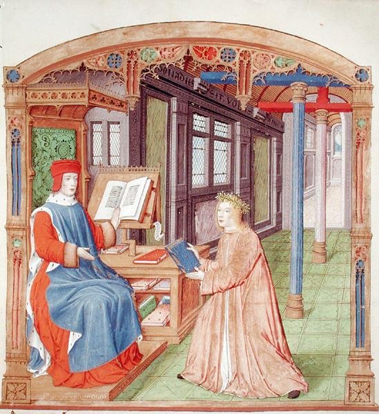 Ms 493 fol.19 Virgil (70-19BC) tilbyr sin bok til Maecenas, fra The Eclogues av Virgil med en kommentar av Servius, 1469 av French School