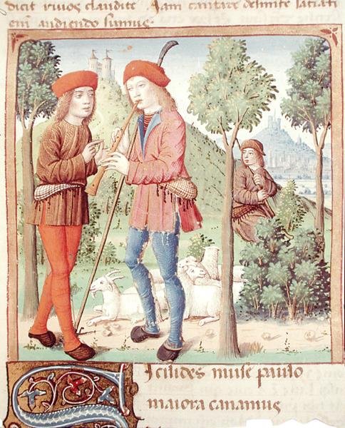 Ms 493 fol.8r A Meeting between Shepherds, fra Les Bucoliques av Virgil med kommentarer av Servius, 1469 av French School