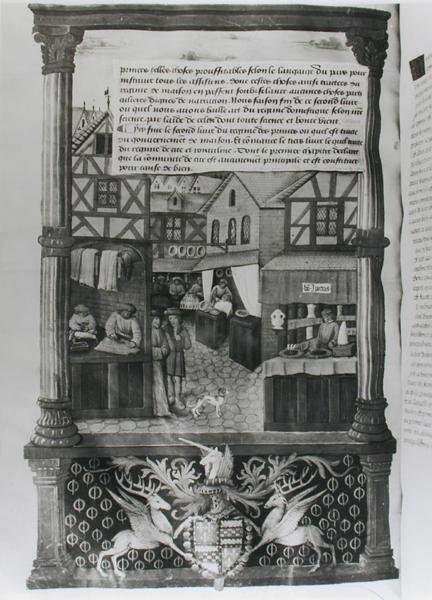 Ms 5062 fol.149v En gate med butikker og våpenskjoldet til Robert Stuart, Marechal dAubigny Lucrece, fra Livre de Gouvernement des Princes av Gilles de Rome av French School