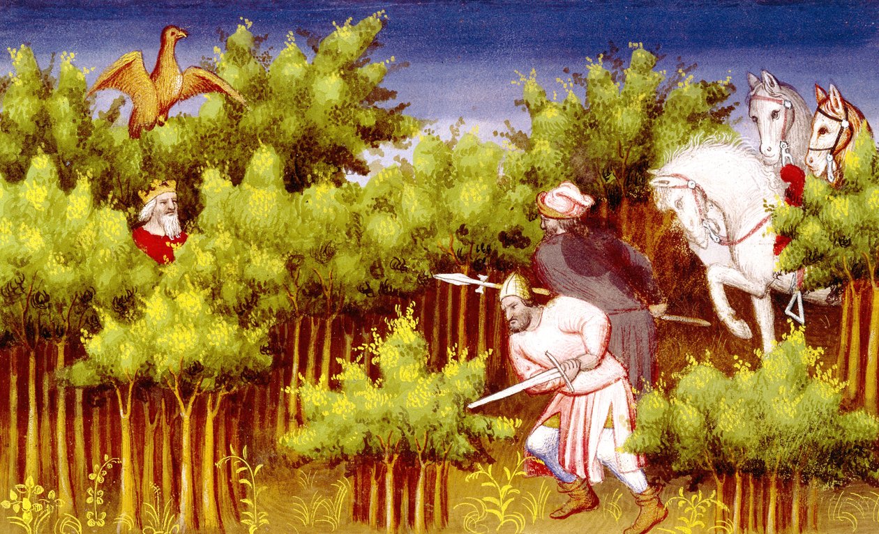 Fr 2810 f.200v, Genghis Khan unnslipper fiendene sine ved å gjemme seg i buskene, fra Livre des Merveilles du Monde, ca. 1410-12 (tempera på vellum) av French School