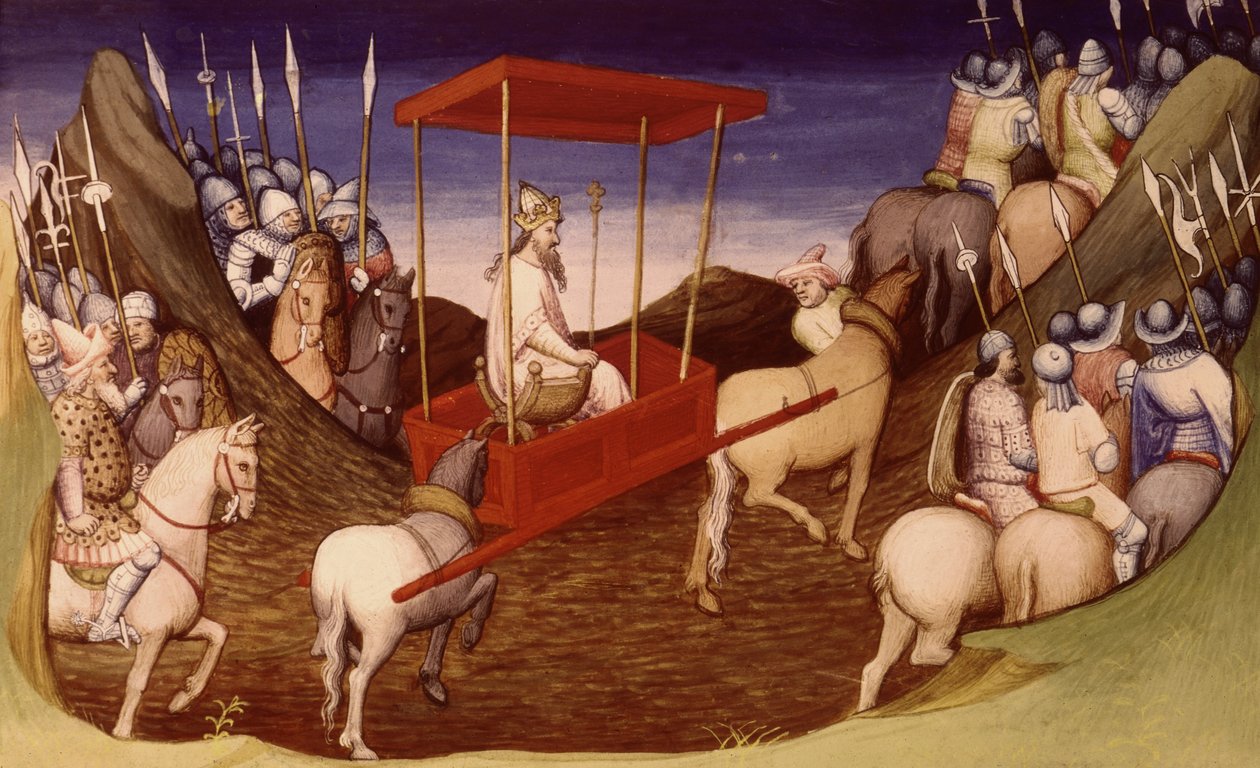 Fr 2810 f.204, The Great Khan ankommer med sin eskorte, fra Livre des Merveilles du Monde, ca. 1410-12 (tempera på vellum) av French School
