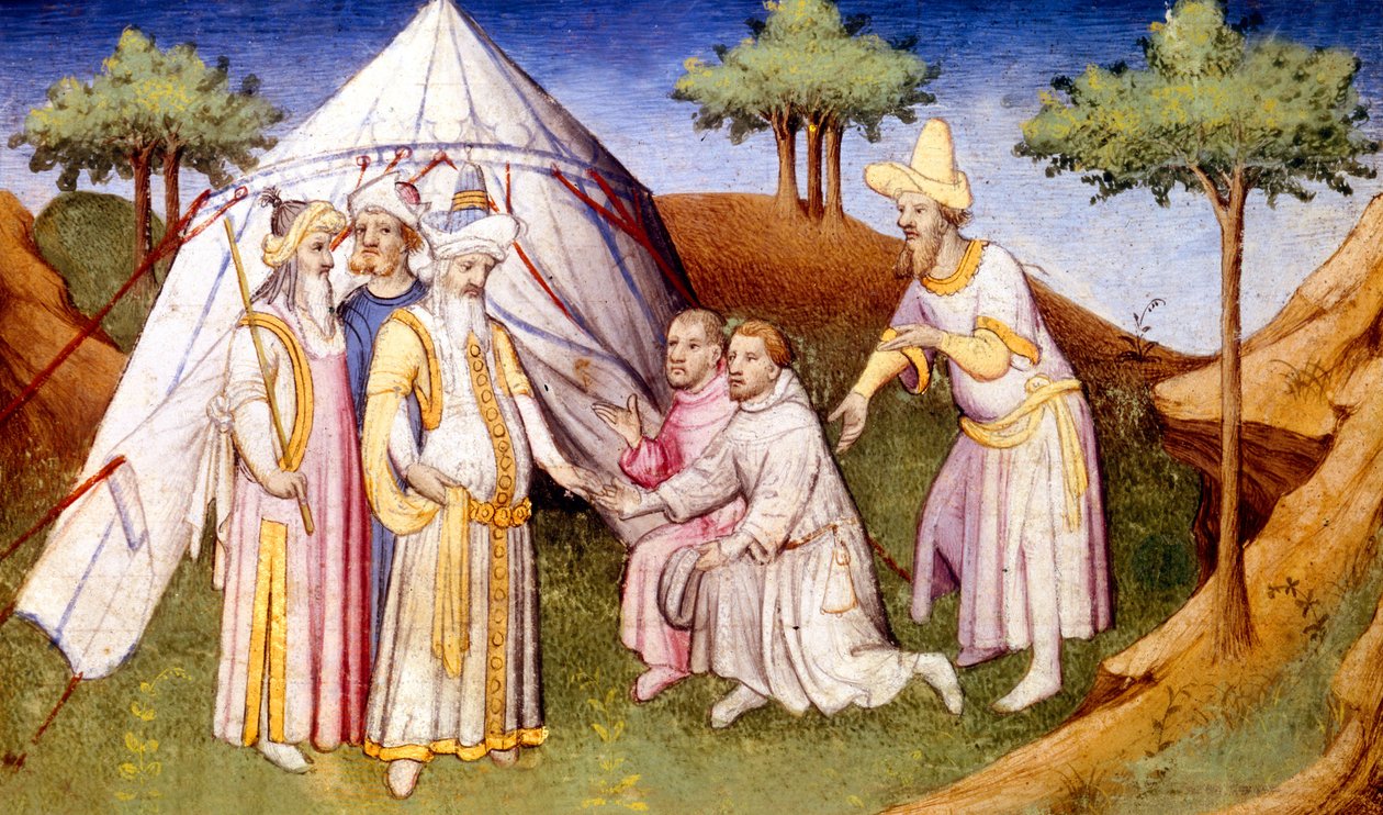 Fr 2810 f.2v, Kublai Khan møtt av brødrene Polo, fra Book of Wonders of the World, c.1410-12 (tempera på vellum) av French School