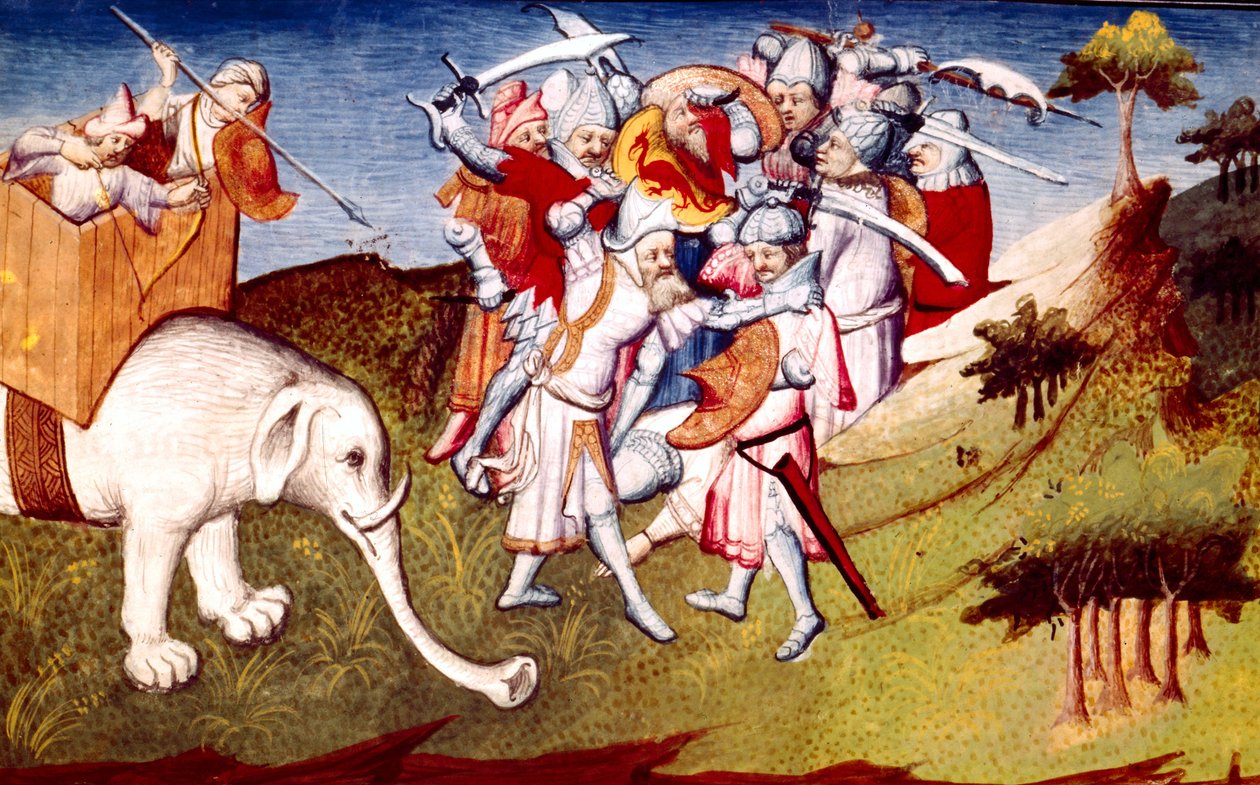 Fr 2810 f.33, Marco Polo i kampen mellom Genghis Khan og hans onkel Nouern, illustrasjon fra Livre des Merveilles du Monde, ca. 1410-12 (tempera på vellum) av French School