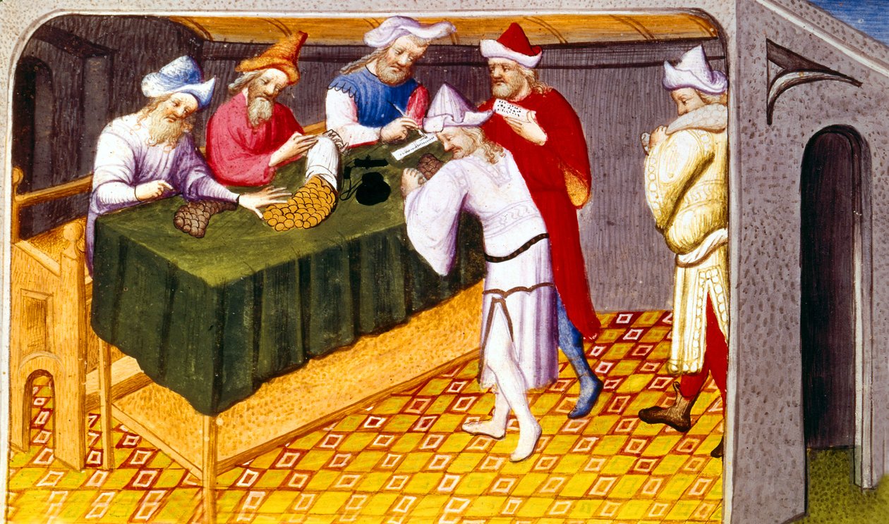 Fr 2810 f.69, Skatt hevet av Genghis Khan på salt, sukker og krydder i byen Quinsay, fra Livre des Merveilles du Monde, ca. 1410-12 (tempera på vellum) av French School